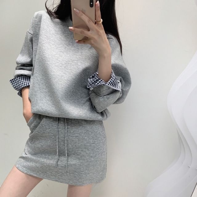 Alfie-Set Round Neck Plaid Panel Pullover Drawstring Waist Mini Pencil Skirt