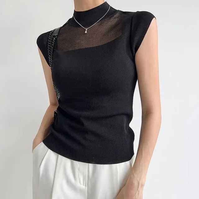 Coris-F Cap-Sleeve Mock Neck Plain Knit Top