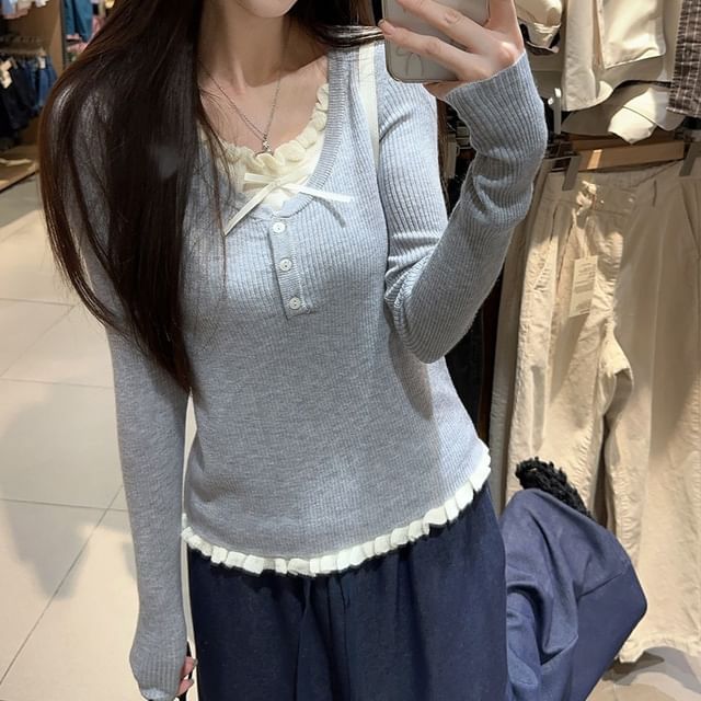 Joyciful-Long Sleeve V-Neck Plain Ruffle Trim Tee