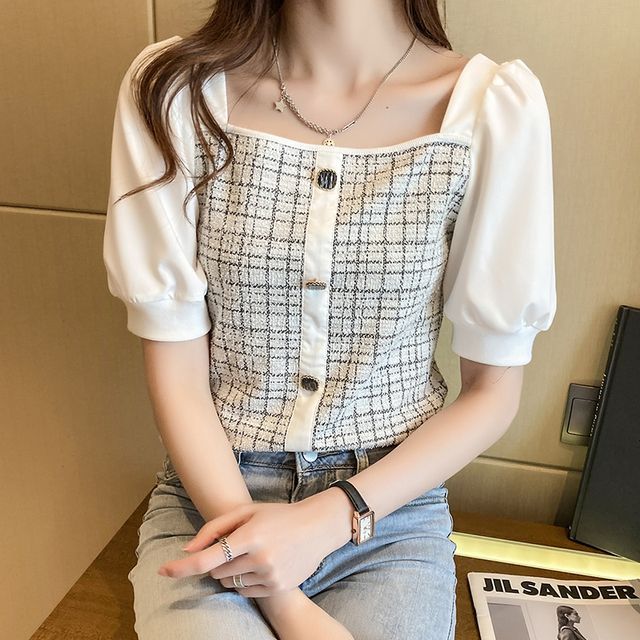 Isaaca-Short-Sleeve Plaid Top