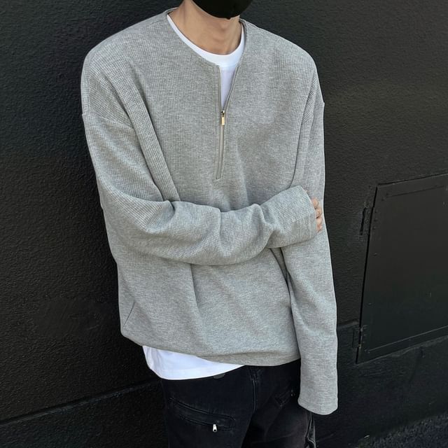 Lingaris-Long Sleeve Round Neck Plain Half Zip T-Shirt