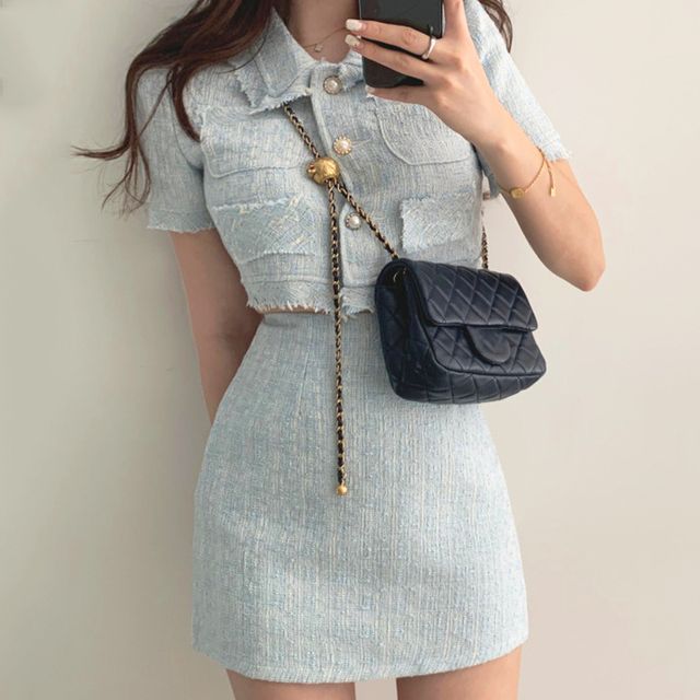 Coris-Button-Up Short-Sleeve Top A-Line Skirt