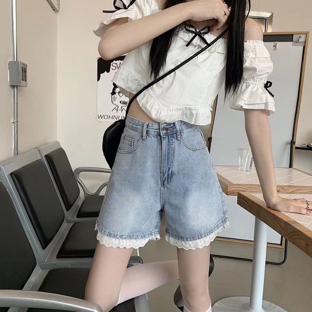 Bluberlend High Waist Washed Lace Trim Denim Shorts YesStyle