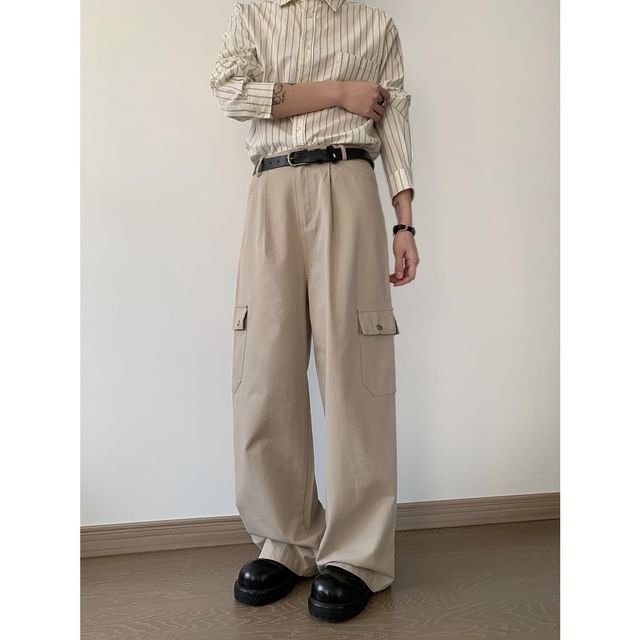 Omozando-Mid Rise Plain Straight Leg Cargo Pants