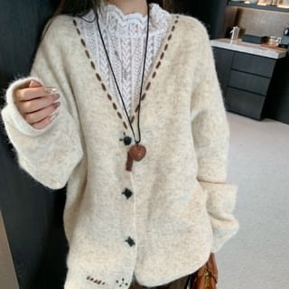 Beem-V-Neck Plain Contrast Stitching Oversized Cardigan