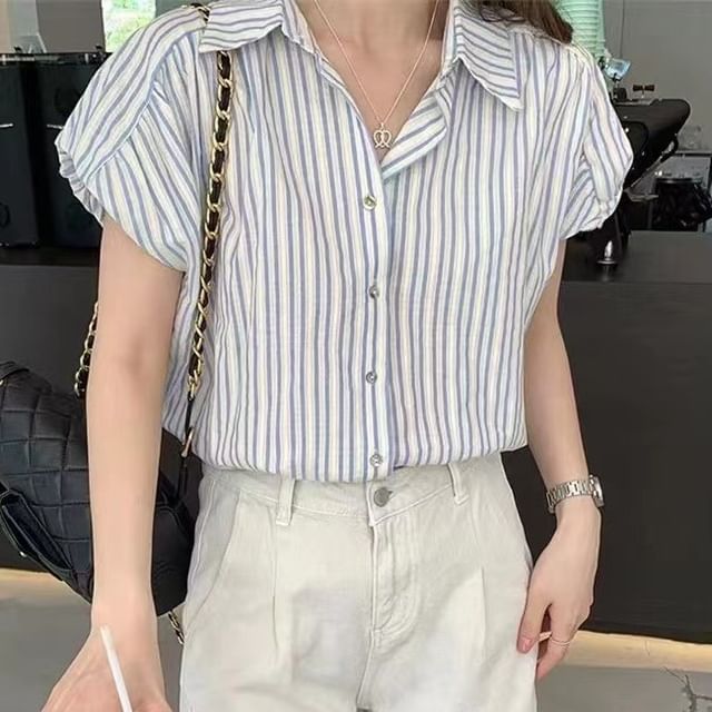 HYAKU-Short Sleeve Collared Striped Shirt