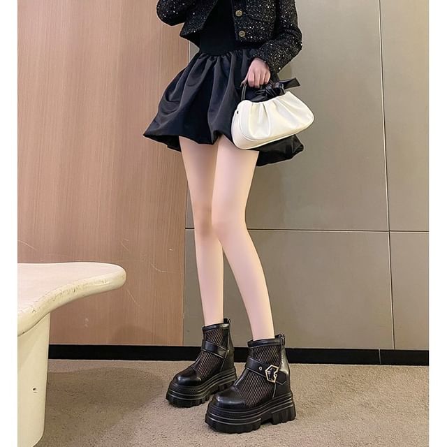 FRAISO-Buckled Mesh Panel Platform Chunky Heel Short Boots