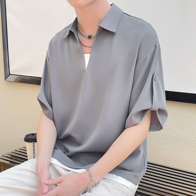 Freehop-Plain Short-Sleeve Shirt