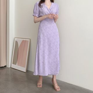 Leoom - Short-Sleeve Floral Wrap A-Line Midi Dress | YesStyle