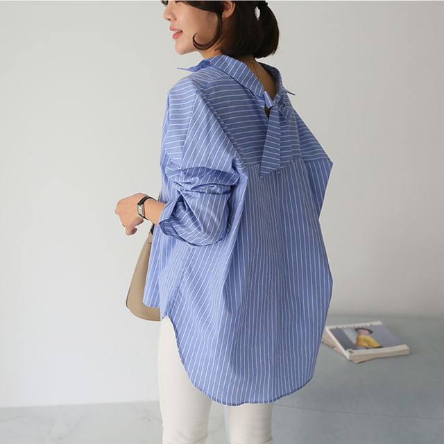 Jesong-Long Sleeve Collared Striped Long Shirt