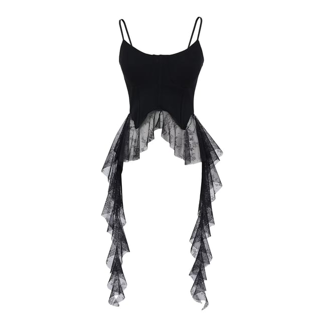 Asiris-Spaghetti Strap Plain Lace Panel Ruffled Slim-Fit Camisole Top
