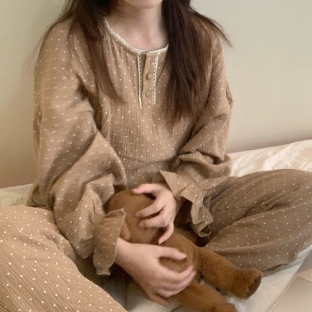 Sadelle-Pajama Set Long-Sleeve Dotted Top Pants