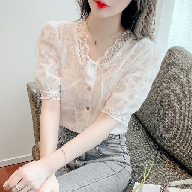 Lewwe Short-Sleeve V-Neck Lace Trim Blouse YesStyle