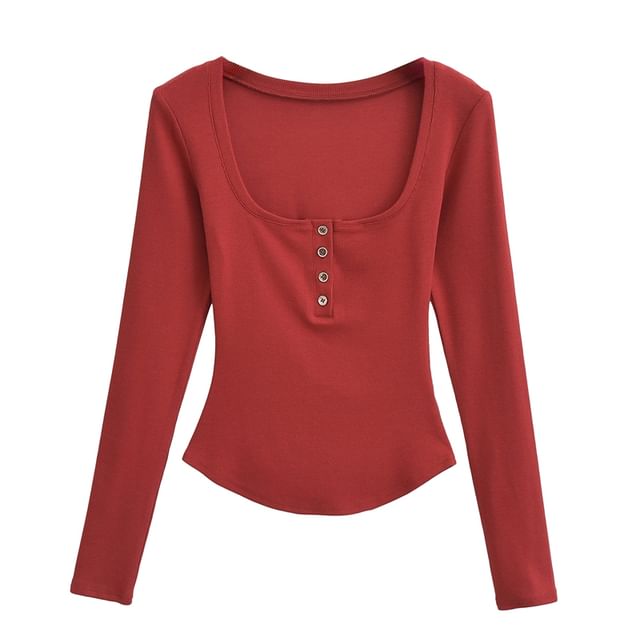 Ulark-Long Sleeve Henley Plain T-Shirt