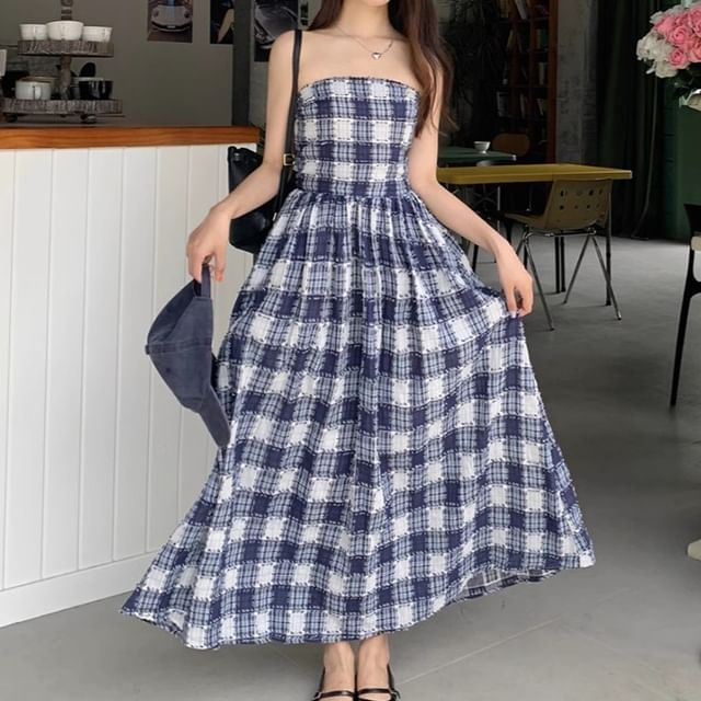 helsi clara puff sleeve appliqué a line maxi dress Patchwork Plaid Dress NAVY / 12MO main image 0