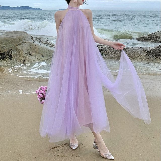 Magma Halter Mock Neck Gathered Mesh Overlay Maxi A-Line Dress