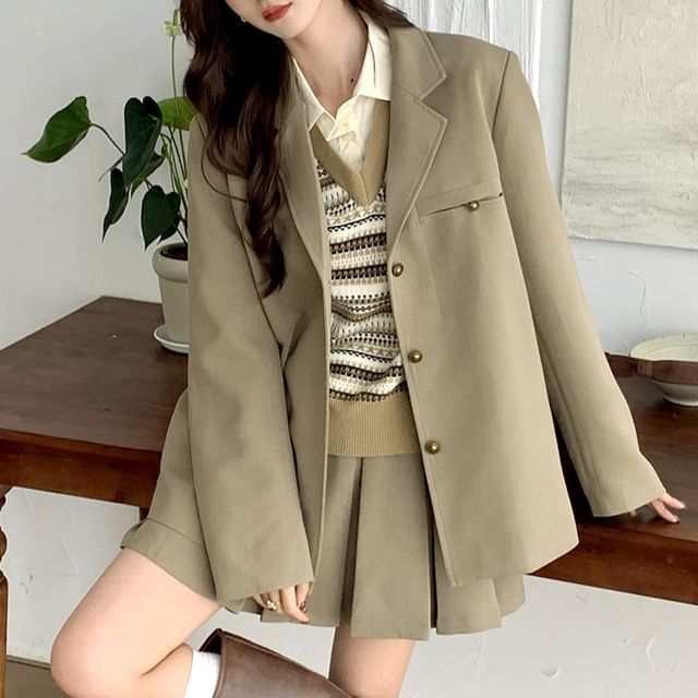 Deca Plain Single-Breasted Blazer V-Neck Jacquard Sweater Vest