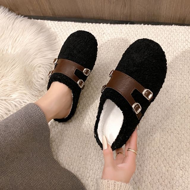 Asterisk-Buckled Fleece Mules