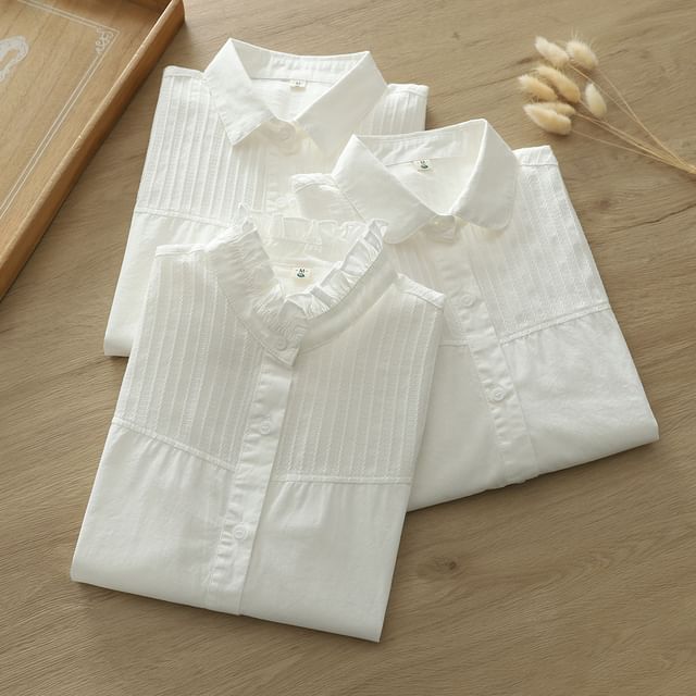 Suzette-Long-Sleeve Button-Up Plain Blouse