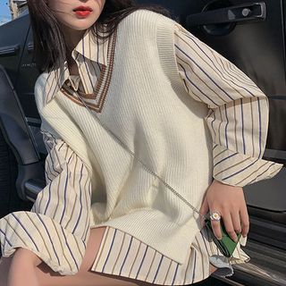 Onipixiy V-Neck Striped Sweater Vest Sale