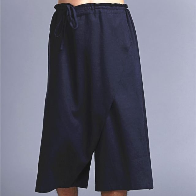 Sparrow Farm-Drawstring Waist Plain Capri Wide Leg Pants