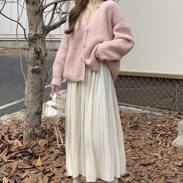 monroll V-Neck Button-Up Cardigan High Rise Midi Skirt YesStyle