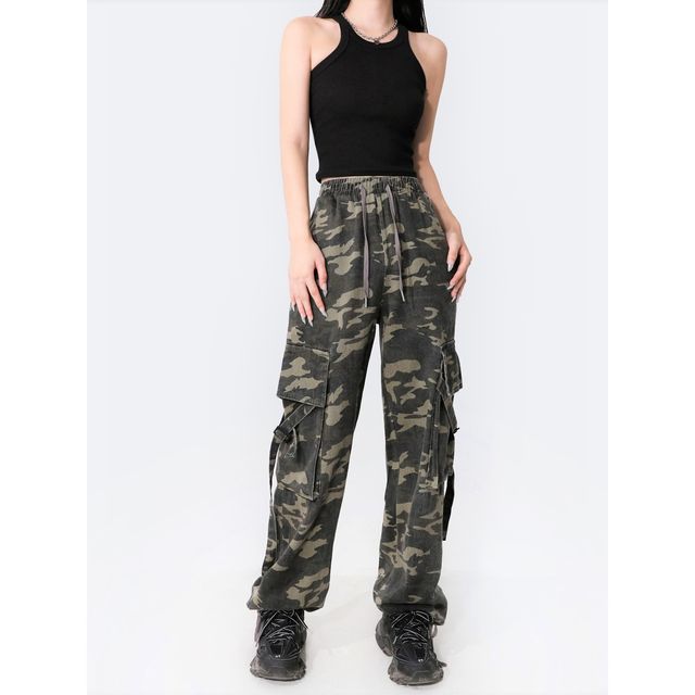 Honmizz - High-Waist Camouflage Cargo Pants