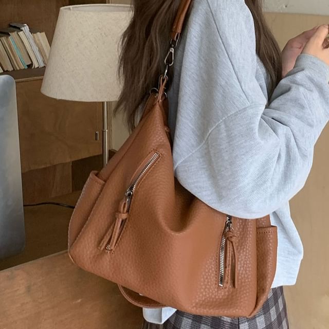 Indenis-Plain Faux Leather Tote Bag