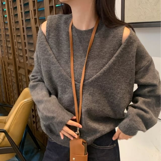 Beem-Set V-Neck Plain Sweater Crew Neck Sweater Vest