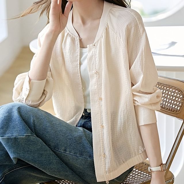 Jeonseon-Stand Collar Plain Button-Up Light Jacket