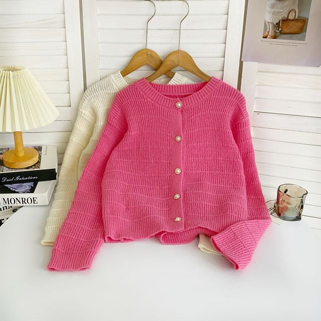 Iasia-Crew Neck Plain Button Up Crop Cardigan