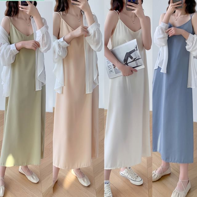 Arroba-Spaghetti Strap V-Neck Plain Open Back Slit Midi Shift Dress