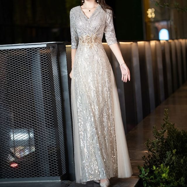 Fioridi-34-Sleeve V-Neck Sequin A-Line Evening Gown
