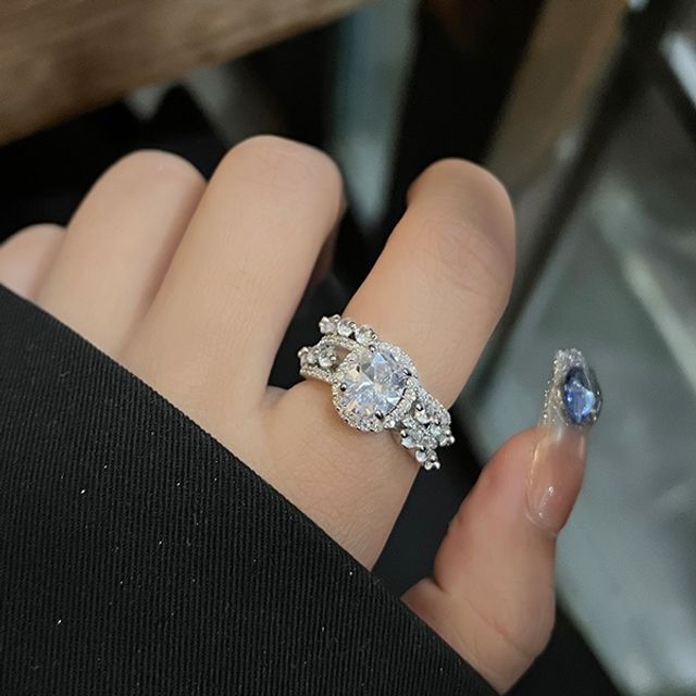 Jael-Rhinestone Layered Alloy Open Ring