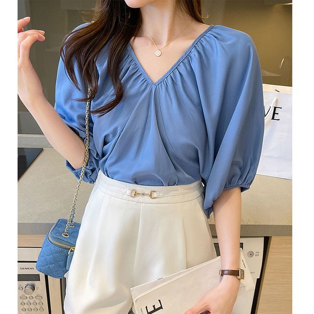 Everose-Puff-Sleeve Plain Blouse