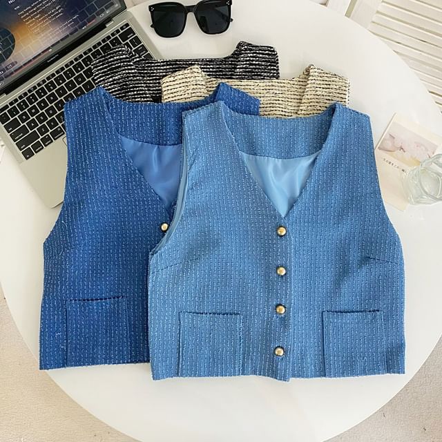 Iasia-V-Neck Tweed Button-Up Vest