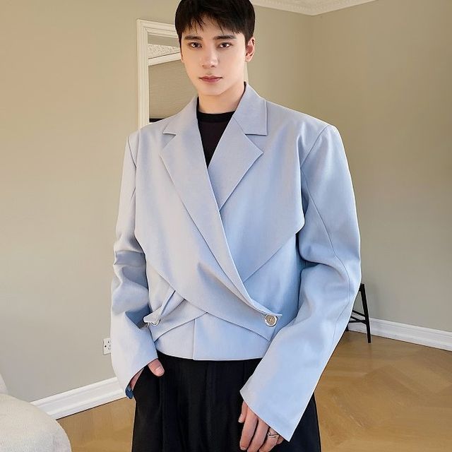 Freehop-Plain Asymmetrical Double-Breasted Blazer