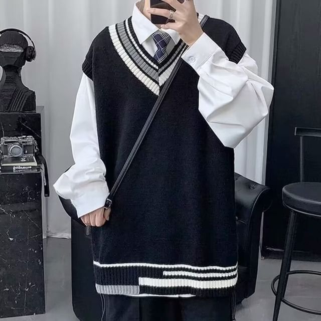 Femilina-V-Neck Striped Sweater Vest