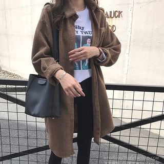MIKIGA-Striped Corduroy Long Shacket
