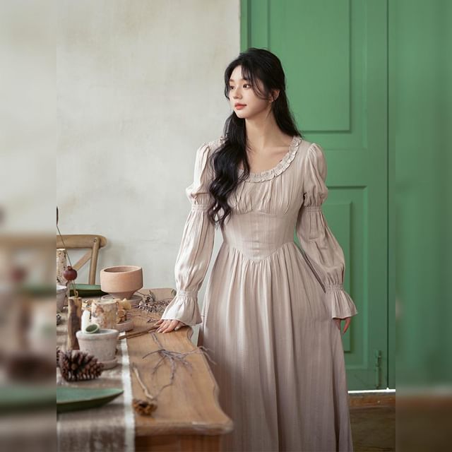 Sothine - Long-Sleeve Scoop Neck Ruffle Trim Midi A-Line Dress / Floral Embroidered  Apron | YesStyle
