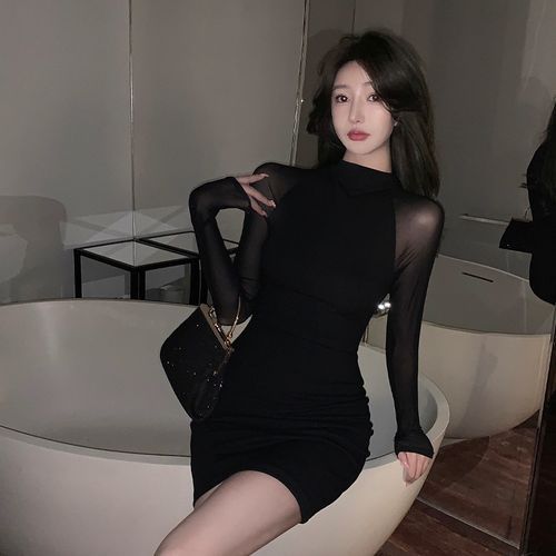 mesh long sleeve bodycon mini dress Black Mesh Long Sleeve Bodycon Dress - All Dresses