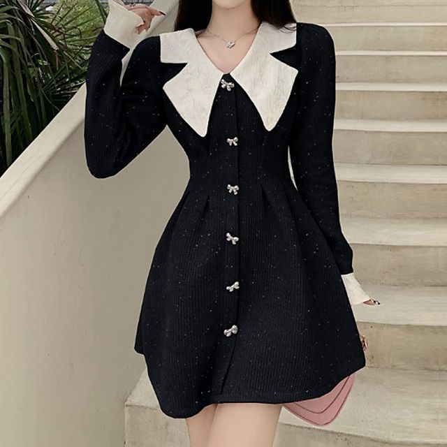 Long-Sleeve Collared Mini A-Line Dress Long-Sleeve Collared Mini A-Line Dress