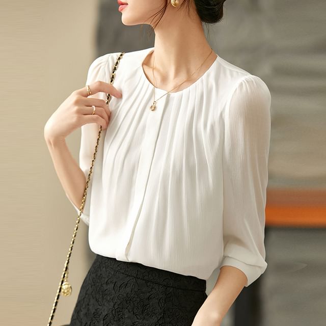 Dragan Pulse-34-Sleeve Crew Neck Pleated Button-Up Plain Blouse