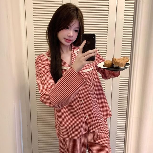 Sadelle-Pajama Set Long-Sleeve Lapel Collar Gingham Lace Trim Button-Up Top Pants