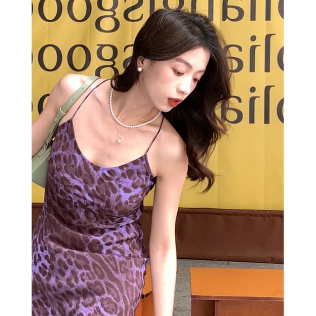 Alfie-Spaghetti Strap Leopard Print Midi Bodycon Dress