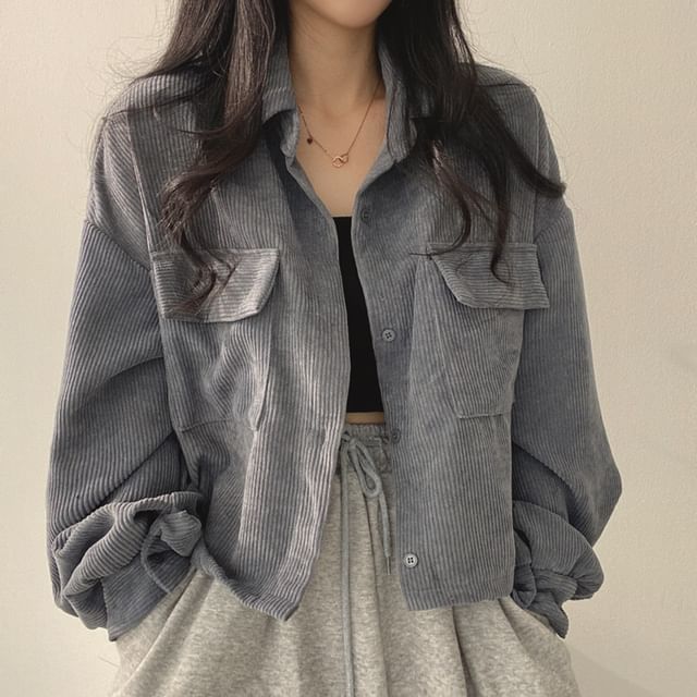 Doromynn-Collared Plain Corduroy Button Jacket