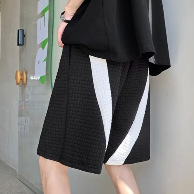 Plummie-Drawstring Waist Two Tone Textured Wide Leg Shorts