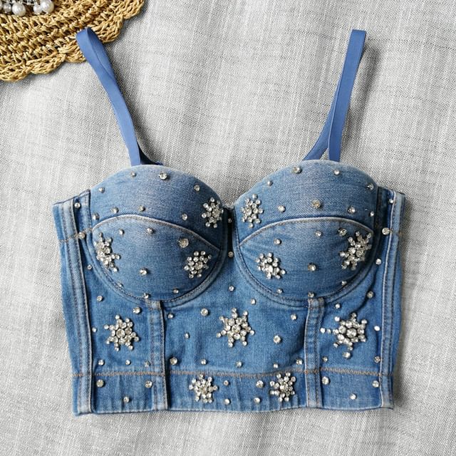 Doowex-Washed Rhinestone Denim Bustier Top