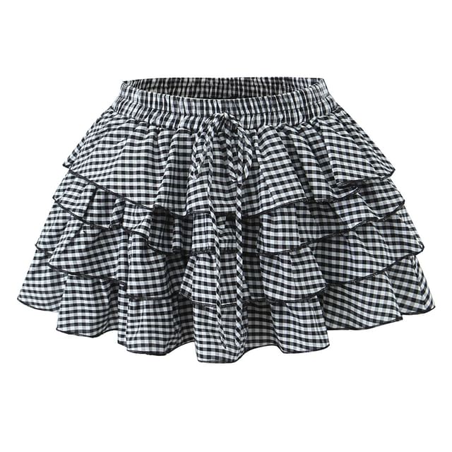Ulark-High Waist Gingham Tiered Mini A-Line Skirt