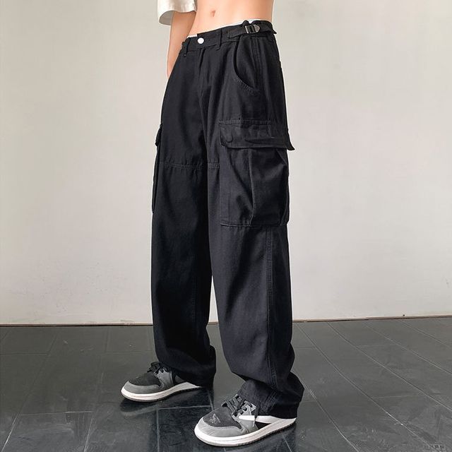 Nightbell-Low Rise Plain Wide Leg Cargo Pants